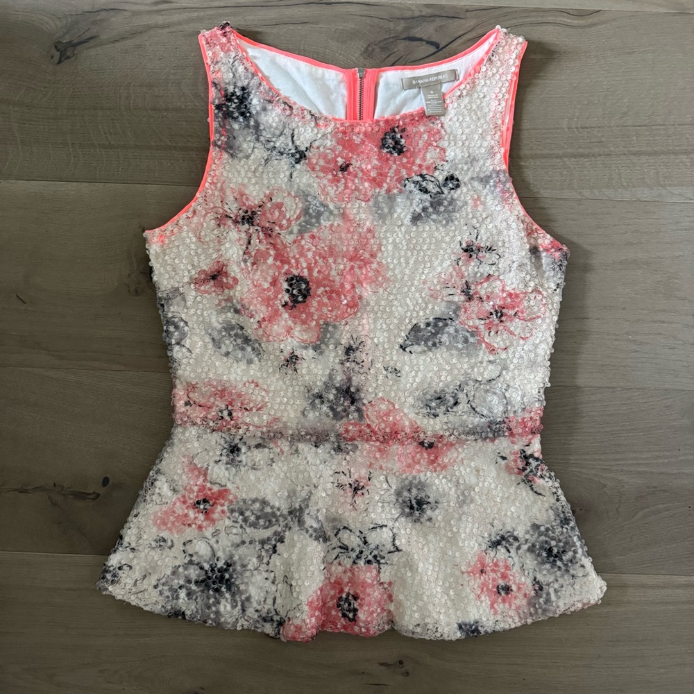 Banana Republic Sleeveless Sequin Floral Peplum Zip Up Top